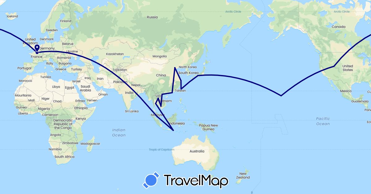 TravelMap itinerary: driving in China, France, Hong Kong, Indonesia, Japan, Cambodia, Laos, Malaysia, Thailand, Taiwan, United States, Vietnam (Asia, Europe, North America)